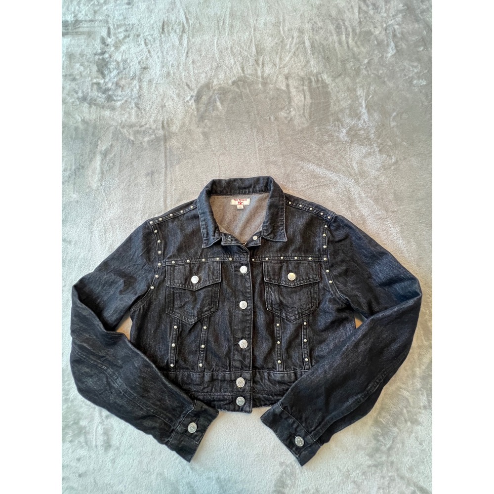 True Religion Denim Jacket Women L Black Studded Trucker Double W8 Allure